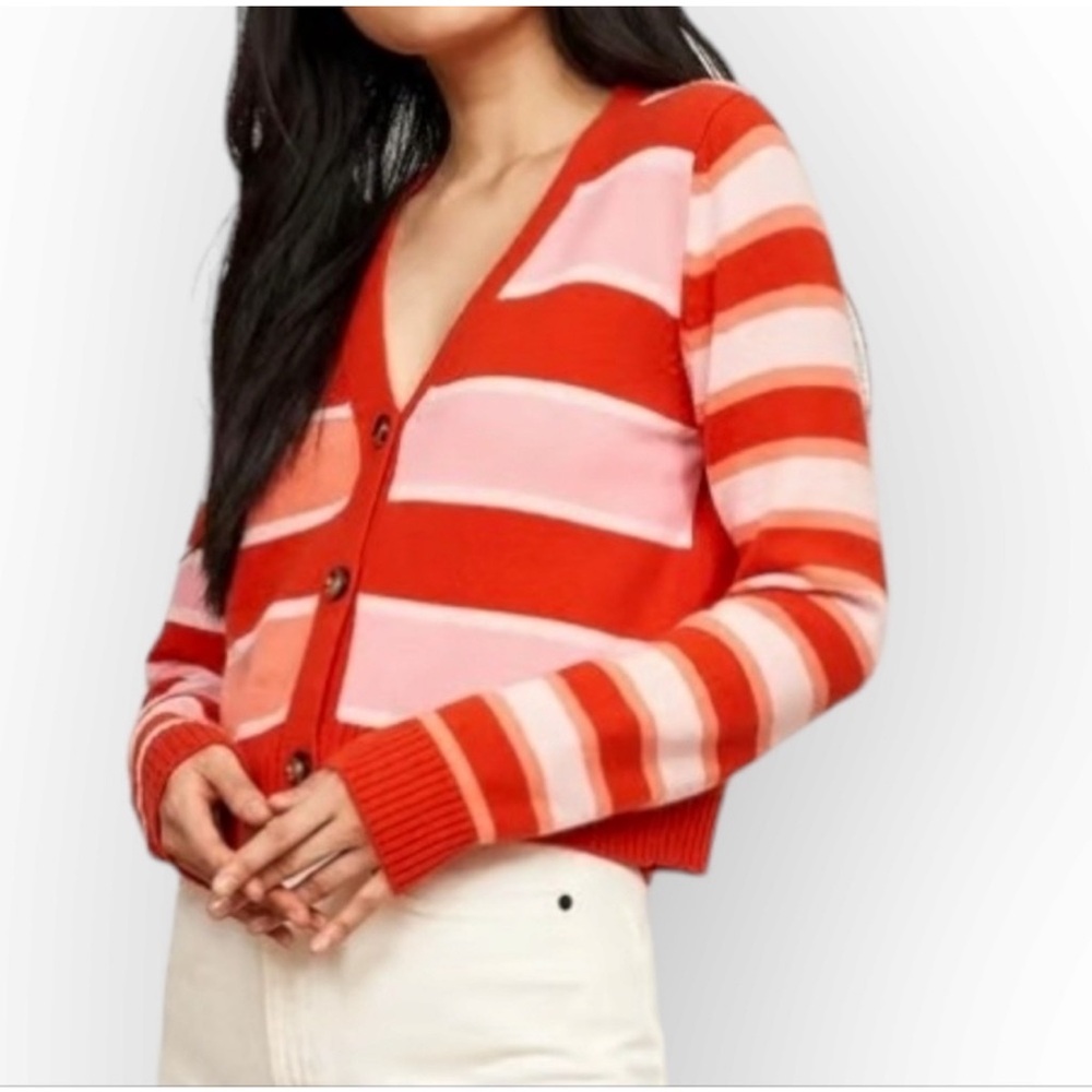 La Ligne New York Orange Pink Striped 100% Cashmere Cropped Marilyn Cardigan MED